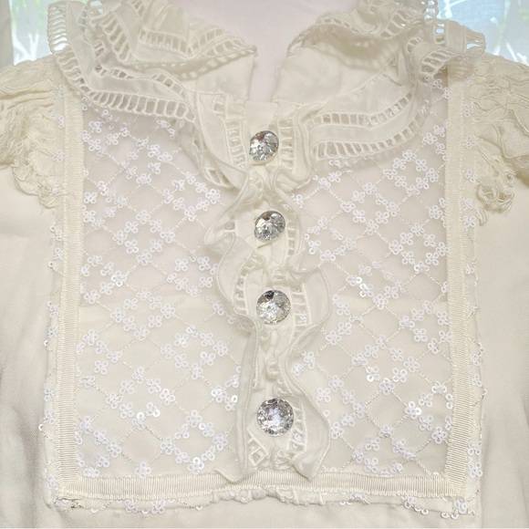 SELF-PORTRAIT WHITE SEQUIN RUFFLE FRILL COLLAR NECK BOW SHEER LONG SLEEVE TOP - Picture 7 of 16